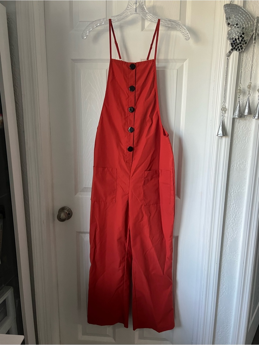 Red Button-Front Wide-Leg Jumpsuit